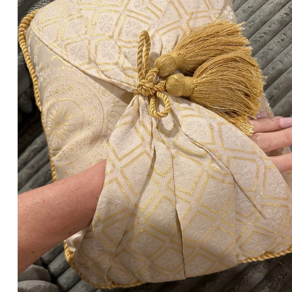 Cream Gold Damask Brocade Tassel Accent Pillow Pleated Front Pocket 14x10